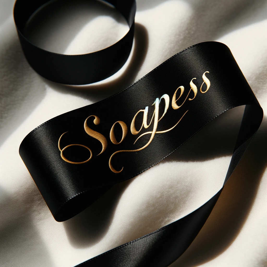 DALL·E 2024-03-18 15.02.34 - Imagine a luxurious black satin ribbon gracefully lying on a soft, white surface. The ribbon has a smooth, shiny texture that catches the light, creat Muscle Recovery Body Wash